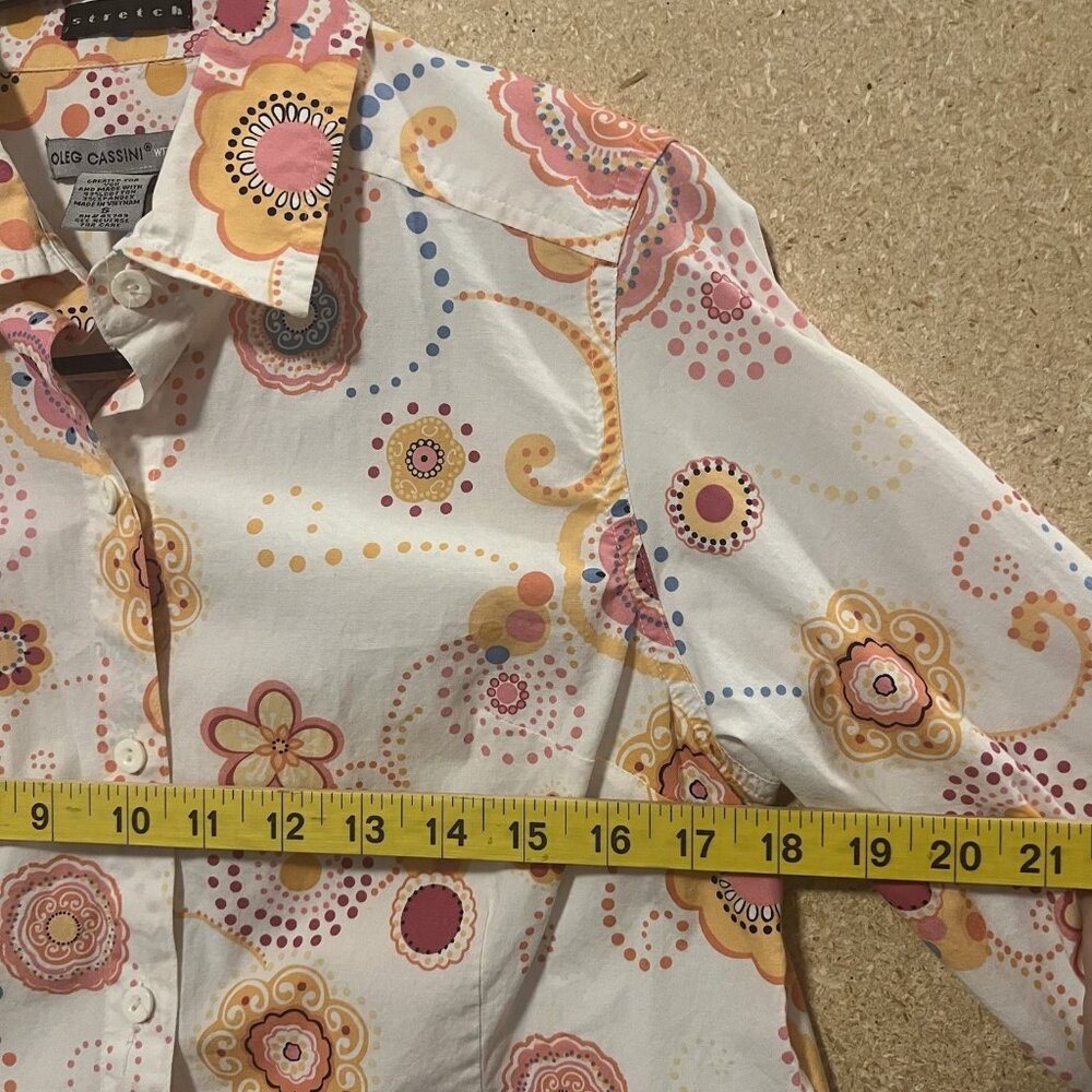 Oleg Cassini Weekend Women Button Down Shirt Paisley Cotton Size Small Stretch - Picture 4 of 8